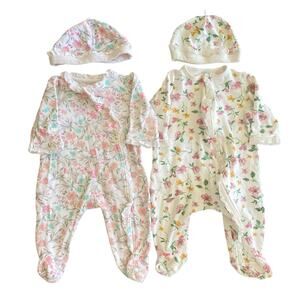 Little Me Baby Girls Pink Floral Ruffle Footie Sleeper Hat Set Bundle Lot 0-3m